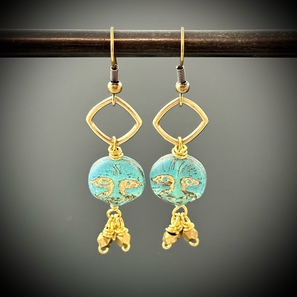 Blue Czech Glass Moon Face w/Brass Dangles, Handmade Artisan Celestial Earrings - Picture 8 of 12